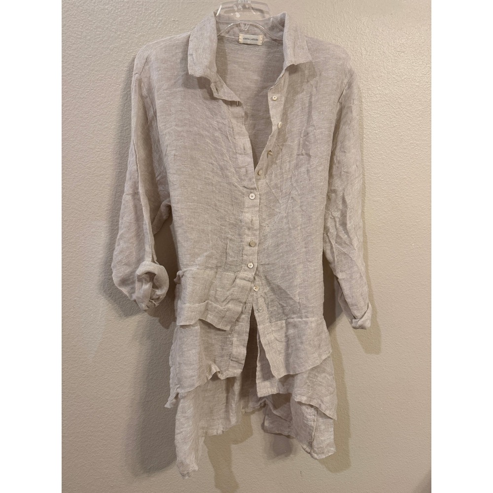 Krista Larson Linen Ruffle Tunic Top Oatmeal Beige Lagenlook One Size